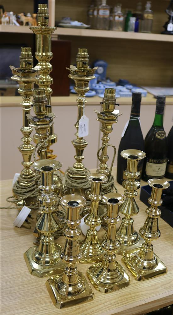 Two pairs of lamps and three pairs of candlesticks tallest 53cm